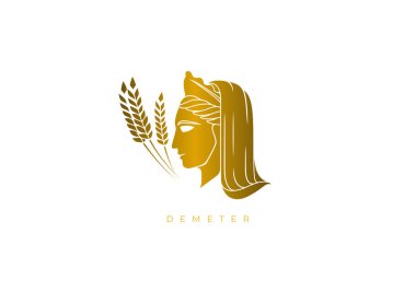 Demeter için altın tasarım logosu, eski Yunan hasat, tarım, tahıl ve ekmek tanrıçası, insanoğlunu dünyanın zengin cömertliğiyle ayakta tutan kişi. Kalitesini kaybetmeden herhangi bir çözünürlük için vektör dosyası.