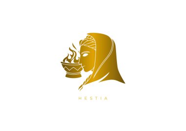 Altın tasarım logosu Hestia için, eski Yunan bakire tanrıçası, şömine, aile, konukseverlik ve ev. Kalitesini kaybetmeden herhangi bir çözünürlük için vektör dosyası.