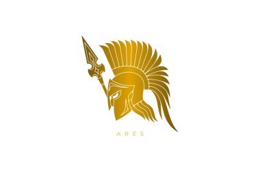 Antik Yunan savaş tanrısı Ares için altın tasarım logosu, şehvet, cesaret ve sivil düzen. Kalitesini kaybetmeden herhangi bir çözünürlük için vektör dosyası.