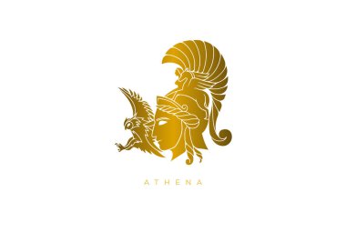 Antik Yunan bilgelik tanrıçası Athena için altın tasarım logosu ve iyi öğüt, savaş, kasabaların savunması, kahramanca çaba, dokuma, çömlek ve diğer çeşitli el sanatları. Kalitesini kaybetmeden herhangi bir çözünürlük için vektör dosyası.