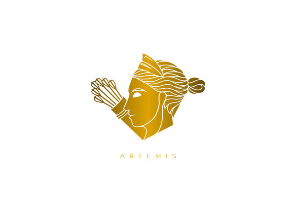 Gold design logo for Artemis, the ancient Greek goddess of hunting, nature, wild animals, children and birth. Vector file for any resolution without losing its quality.