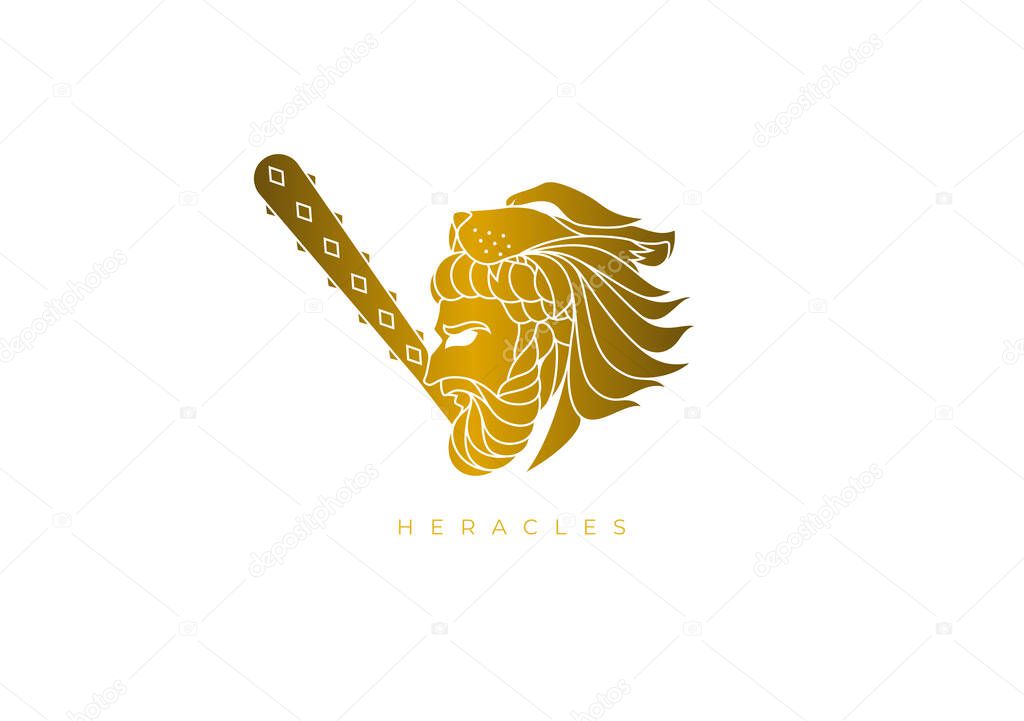 Gold design logo for Heracles, the ancient Greek demigod worshiped as the divine protector of mankind. The son of Zeus, the king of the Greek gods, and a mortal woman named Alcmene. Vector file for any resolution without losing its quality.