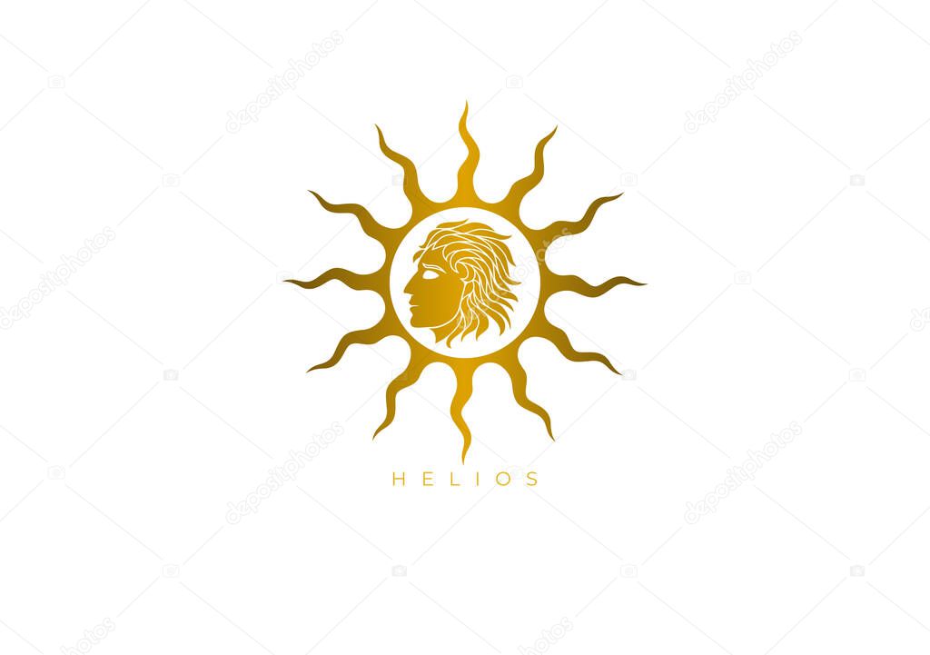 Gold design logo for Helios, the Titan god of the sun, a guardian of oaths, and the god of sight. Vector file for any resolution without losing its quality.