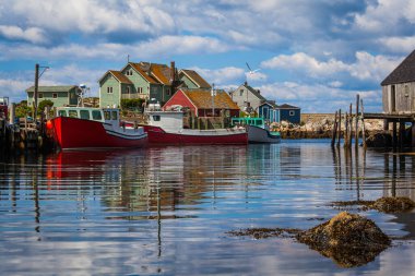 Peggy 'nin Koyu, Nova Scotia, Kanada' daki balıkçı evleri ve limanlarının yaz manzarası.