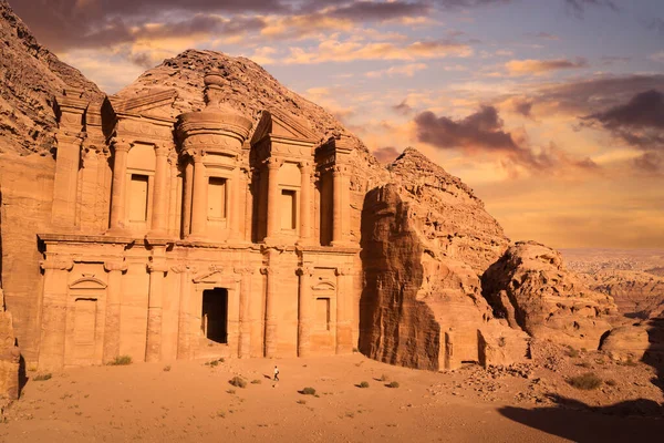 Klášter Deir Při Západu Slunce Petra Jordánsko — Stock fotografie