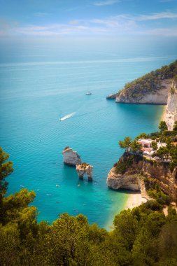 Faraglioni di Puglia, Gargano Ulusal Parkı, Puglia, İtalya ile Baia dei Mergoli 'nin (Mergoli Körfezi) ünlü Baia delle Zagare' nin panoramik manzarası