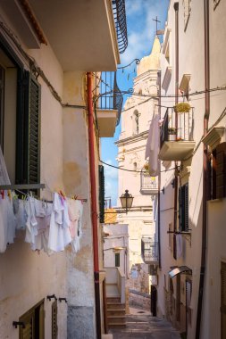 İtalya 'nın Puglia şehrinde Santa Maria Assunta Katedrali' nin çan kulesinin manzaralı bir sokağı.