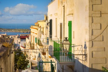 Eski Vieste, Gargano, İtalya 'daki resim gibi cepheler ve balkonlar