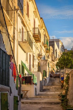 Eski Vieste, Gargano, İtalya 'daki resim gibi cepheler ve balkonlar