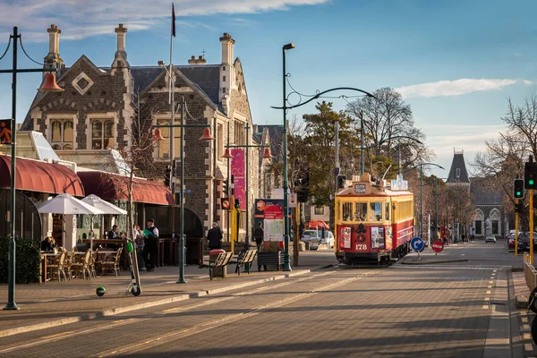 stock image Heritage tram running in beautiful Worcester Boulevard, Christchurch, New Zealand