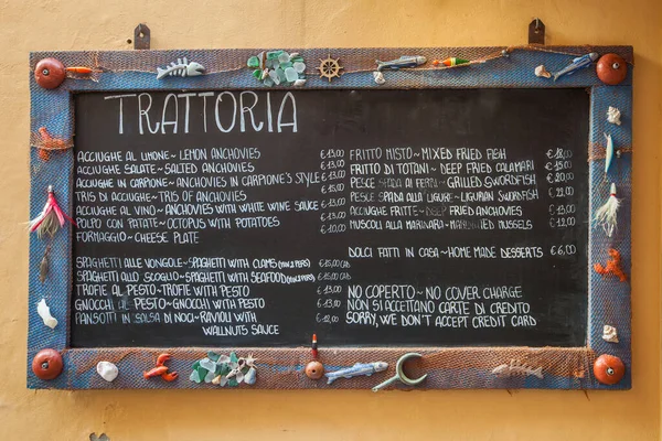 Meniu Restaurant Monterosso Cinque Terre Mâncăruri Delicioase Locale — Fotografie, imagine de stoc