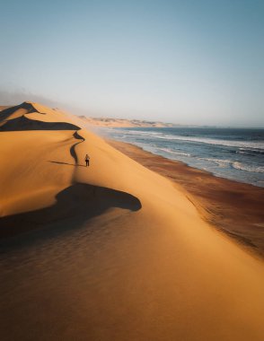 Namib Çölü 'nün kıvrımlı kumulları, Namibya' daki Namib-Naukluft Ulusal Parkı 'ndaki Walvis Körfezi' nin güneyindeki Sandviç Limanı 'ndaki soğuk Atlantik Okyanusu' na iniyor..