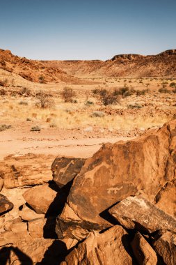 Twyfelfontein, Kunene, Namibya 'da taş sanatları gravürleri. Bu oymalar, 6000 ila 2000 yıl önce bölgede yaşamış olan San avcı-toplayıcıların orijinal eserleri..