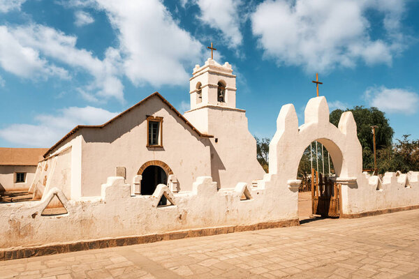 View of the church of San Pedro de Atacama, Chile. Built during the Spanish colonial period with adobe material, it is considered the second oldest church in Chile.