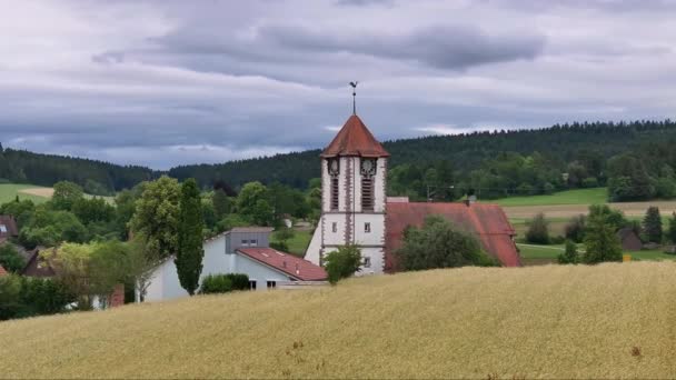Drone Slowly Moves Church Quiet German Village Stock Footage