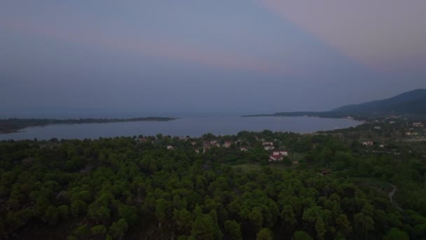 夜幕降临时 无人机捕捉到了一个前进的电影镜头 凸显了松树林茂密的绿叶与暮色中宁静的沿海村庄之间的反差 — 图库视频影像