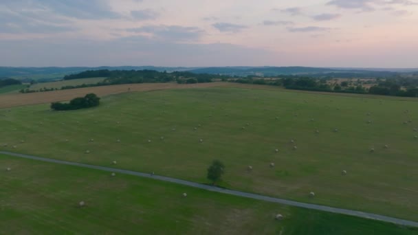 Filmagem Aérea Campo Pontilhado Com Fardos Feno Paisagem Rural Alemanha — Vídeo de Stock