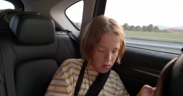 Beyaz Çocuk Arabanın Arka Koltuğunda Otururken Akıllı Telefonuyla Oynamaya Odaklanmış — Stok video
