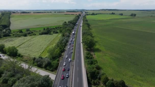 Drone Slowly Flying Jammed Autobahn Free Flowing Traffic Side Countryside — Stock Video