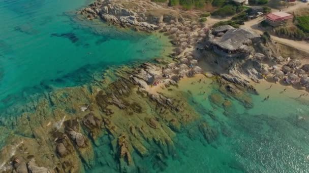 Αεροφωτογραφία Μιας Πολύβουης Τροπικής Παραλίας Ομπρέλες Και Μια Μεγάλη Καλύβα — Αρχείο Βίντεο