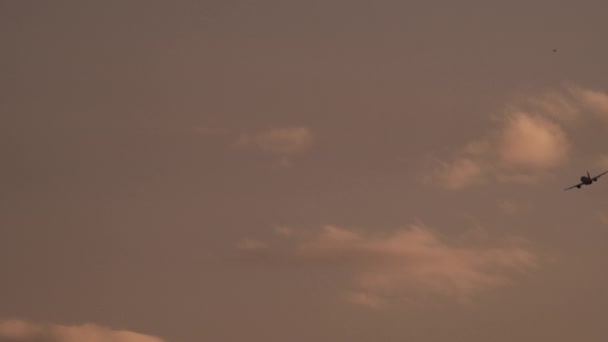 Egy Repülőgép Sziluettje Alkonyi Égbolttal Szemben Alakja Megkülönböztethető Esti Fénytől — Stock videók