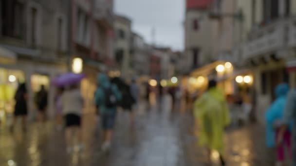 Blurred Scene Pedestrians Umbrellas Walk Rain Soaked Venetian Street Lights — Stock Video