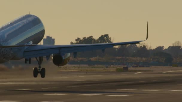 Sebuah Pandangan Rinci Pesawat Mendarat Landasan Pacu Dalam Gerak Lambat — Stok Video