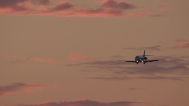 Ett Privat Plan Luften Med Landningsstället Utfällt Och Sidoljusen Tända — Stockvideo