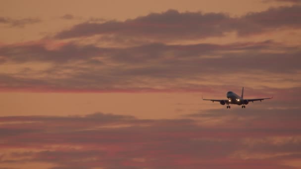 Ett Flygplan Med Sina Landningsljus Nedstiger Mot Bakgrunden Solnedgång Himmel — Stockvideo