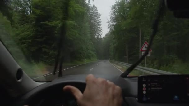 Een Binnenaanzicht Van Een Auto Rijdend Een Natte Bosweg Met — Stockvideo