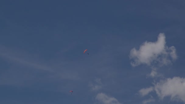 Trzy Paralotnie Pomarańczowymi Różowymi Spadochronami Wznoszą Się Niebieskim Niebie Paralotniując — Wideo stockowe