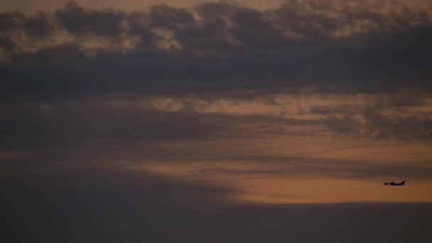 비행기의 실루엣은 어두운 아래의 지평선에 오렌지 줄무늬가있는 하늘의 배경을 황혼에서 — 비디오