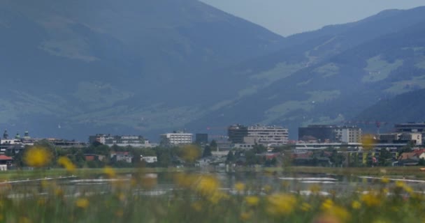 黄色い野生の花のぼやけた前景で アルプスの町や山々を背景に離陸する小さな飛行機で空港滑走路の景色 — ストック動画