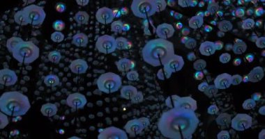 Yansıtıcı aynalı zeminin üstündeki labirentte asılı bir sürü renkli figür var.