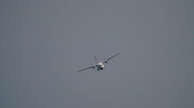 İkili motorlu uçaklar, dönen pervanelerle açık mavi gökyüzünde hareket ediyor.