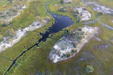 Delta Okavango 'nun Botswana' daki vahşi doğasına hava görüntüsü.