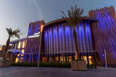 Macaristan pavyonu Dubai 'deki Expo 2020' de gece ışığında