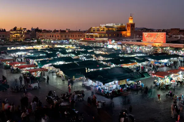 Vista Nocturna Plaza Más Famosa Marrakech Jemaa Fnaa — Foto de Stock