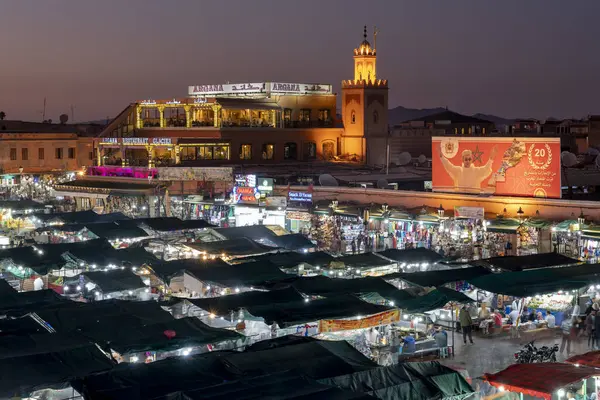 Vista Nocturna Plaza Más Famosa Marrakech Jemaa Fnaa — Foto de Stock