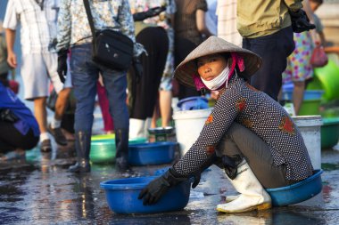 Vietnam 'da Ha Long Körfezi. Pazardaki balıkçılar deniz ürünleri, meyve, sebze ve atc sunuyorlar.