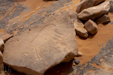 Çölde kaya resmi, Tadrart Rouge 'da Bouhadian kayaları, Tassili N' Ajjer Ulusal Parkı. Sahara