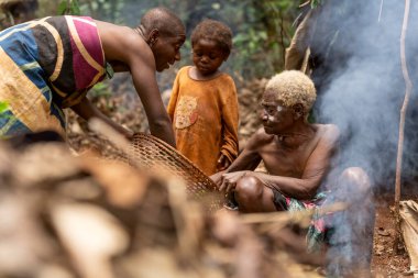 Baka pigme kabilesinden büyükanne, oğul ve torun Kamerun ormanında ateşin yanında birlikte oturuyorlar. Ormandaki nesiller arası yaşamın bir sahnesi.