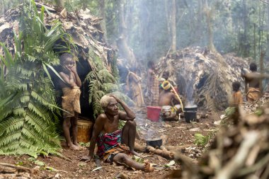 Yaşlı Baka pigme kadın ve genç kız, Kamerun 'daki bir orman kampında kulübelerinin önünde, ormandaki günlük yaşamla çevrili..