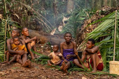 Kamerun 'da yağmur ormanlarında dinlenen Baka pigmeleri. Yaşlı kadın ve çocuklar yaprak kaplı kulübelerinin önünde birlikte vakit geçiriyorlar.
