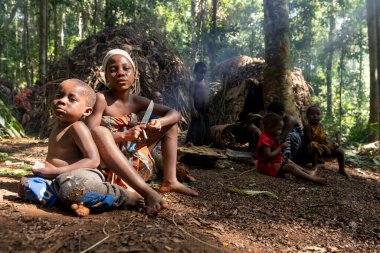 Baka kabilesinden pigme çocuklar tropikal ormanda yaprak kulübelerinin önünde. Geleneksel Afrika çocukluğu ve yaşam doğayla uyum içinde.