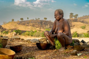 Kuzey Kamerun 'daki Dupa kabilesinden bir kadın doğayla çevrili kırsal bir Afrika köyünde geleneksel teknikleri kullanarak fındıkları elle işliyor.