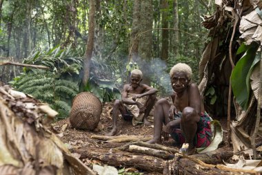 Kamerun yağmur ormanlarında yaprak kulübesinde dinlenen yaşlı Baka kadını, geleneksel kabile yaşamını yansıtıyor.
