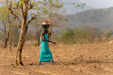 Mbororo 'lu bir kadın çocuğunun sırtında yürüyordu ve kafasında bir kase vardı, Kamerun' un kırsal kesiminde günlük hayatı bir anlık görüyordu..
