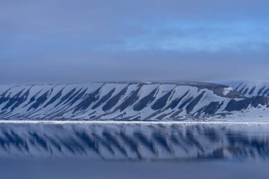 Kar, Svalbard dağlarını kaplayarak kutup fiyortlarına yansıyarak kutup manzarasının dingin ve saf güzelliğini yakalıyor..