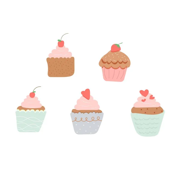 Five Cupcakes Simple Style Illustration Set — Stock Vector